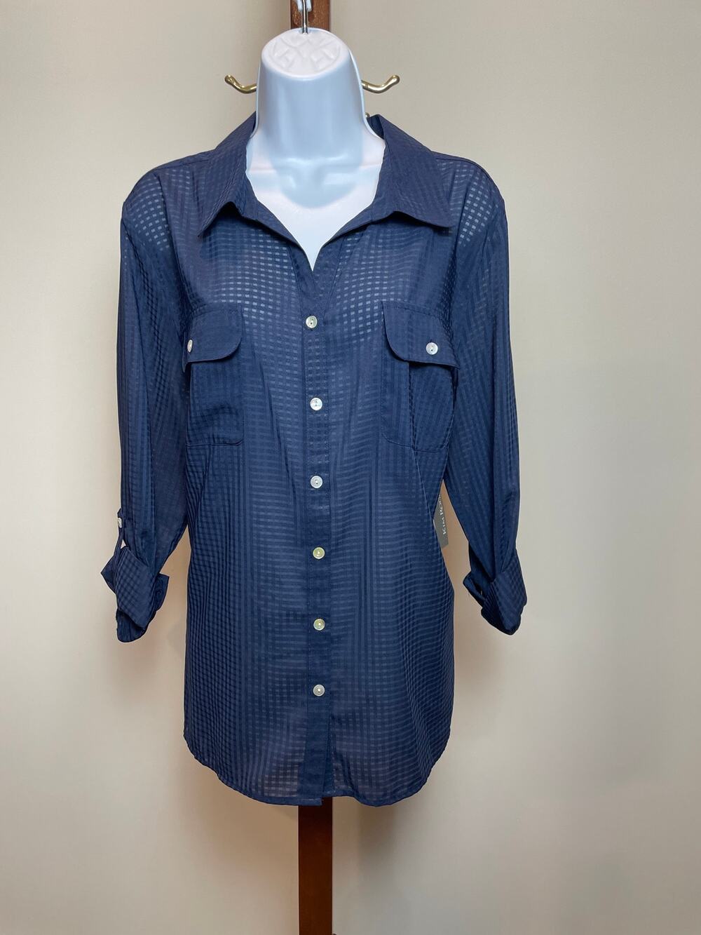 Kim Rogers Harbor Navy Button Down Shirt XL Sheer Utility NWT